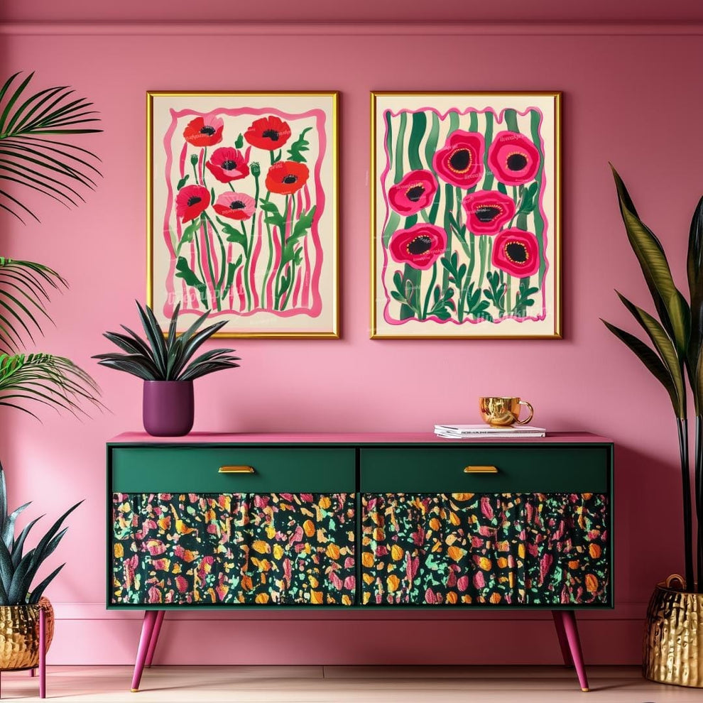 Set of 2 Funky Red Poppies Art Prints