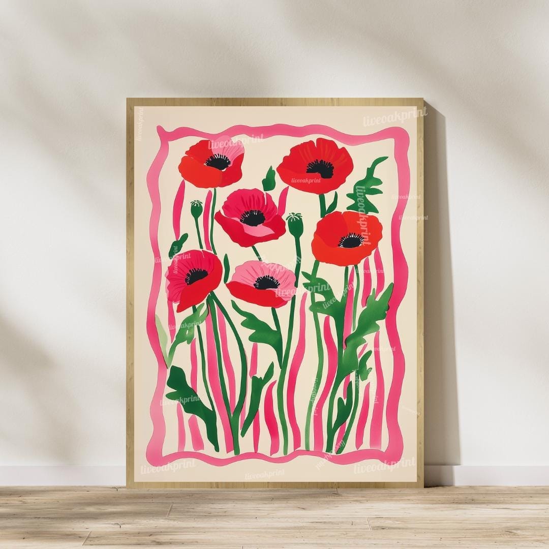 Set Of 2 Flower Art Prints – Red Poppy Flower Prints Pink and Green Boho Botanical Wall Decor Coquette Red Bedroom Art Bold Maximalist Decor