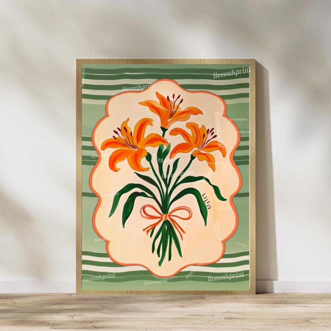 Set Of 2 Midcentury Flower Art Prints – Marigold and Lily Flower Prints Green and Orange Boho Botanical Wall Decor Maximalist Art Set of Two