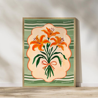 Set Of 2 Midcentury Flower Art Prints – Marigold and Lily Flower Prints Green and Orange Boho Botanical Wall Decor Maximalist Art Set of Two