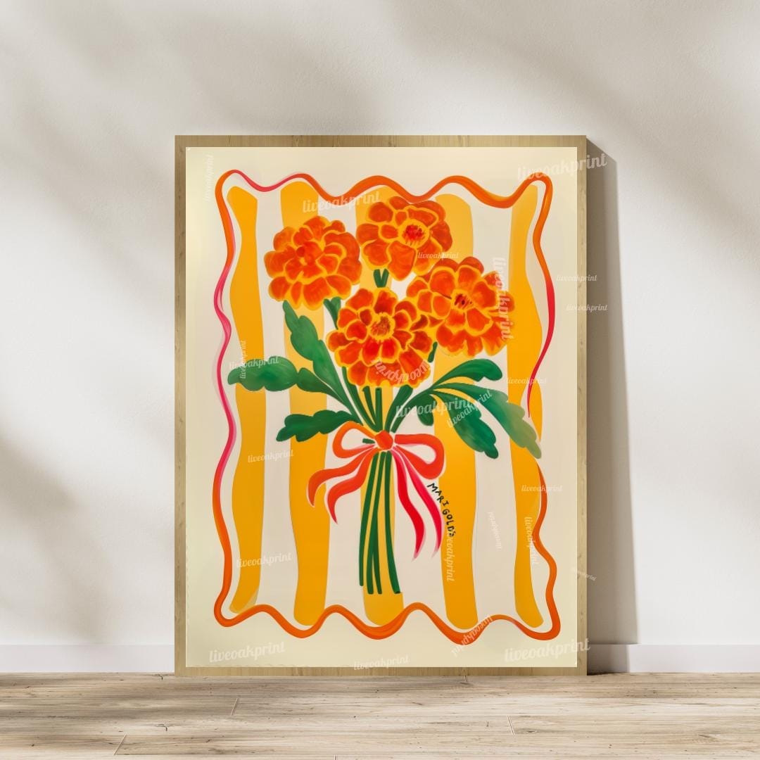 Set Of 2 Midcentury Flower Art Prints – Marigold and Lily Flower Prints Green and Orange Boho Botanical Wall Decor Maximalist Art Set of Two