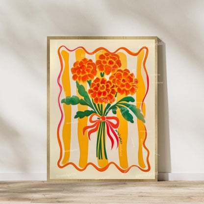 Set Of 2 Midcentury Flower Art Prints – Marigold and Lily Flower Prints Green and Orange Boho Botanical Wall Decor Maximalist Art Set of Two