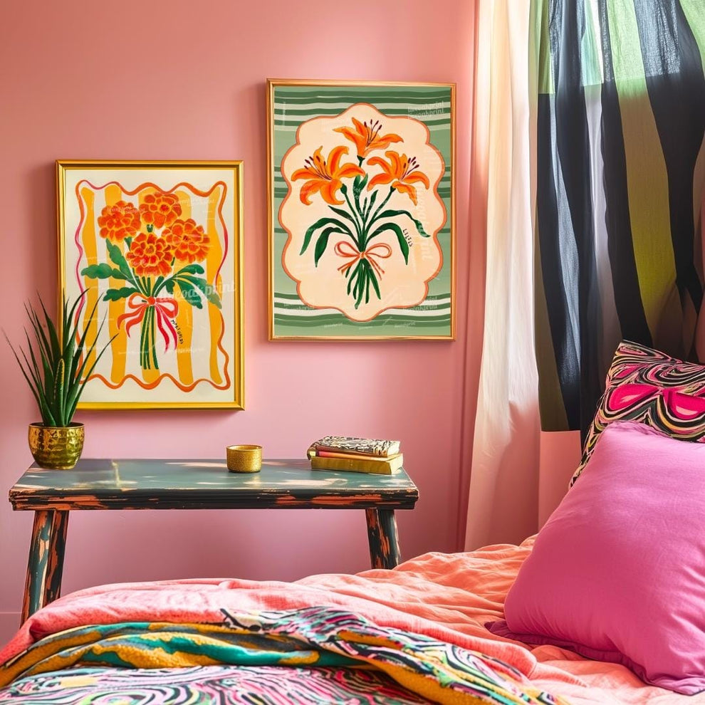 Set Of 2 Midcentury Flower Art Prints – Marigold and Lily Flower Prints Green and Orange Boho Botanical Wall Decor Maximalist Art Set of Two