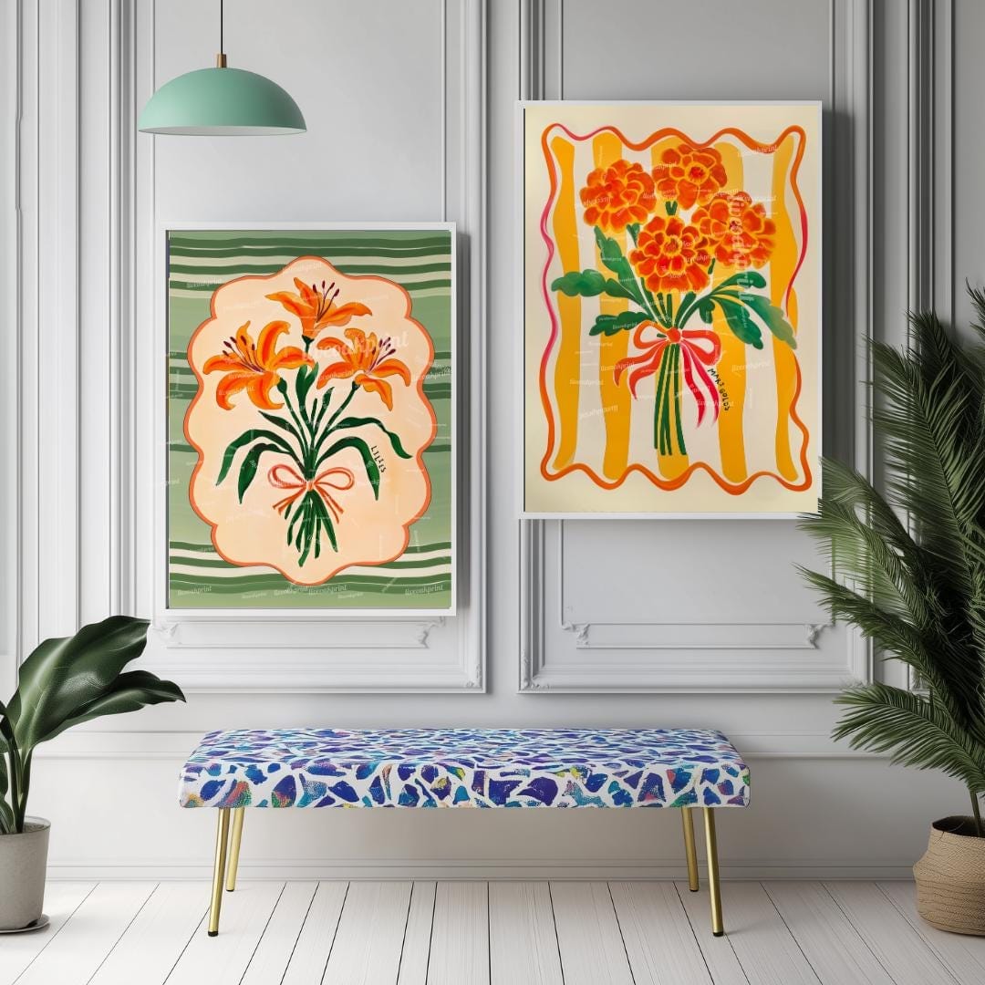 Set Of 2 Midcentury Flower Art Prints – Marigold and Lily Flower Prints Green and Orange Boho Botanical Wall Decor Maximalist Art Set of Two