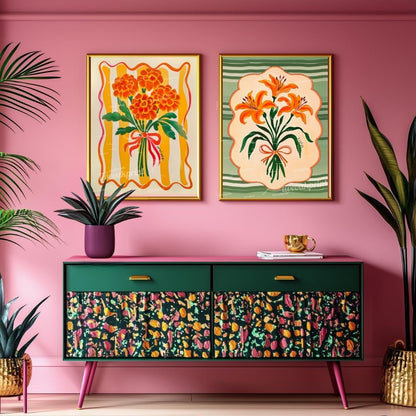 Set Of 2 Midcentury Flower Art Prints – Marigold and Lily Flower Prints Green and Orange Boho Botanical Wall Decor Maximalist Art Set of Two