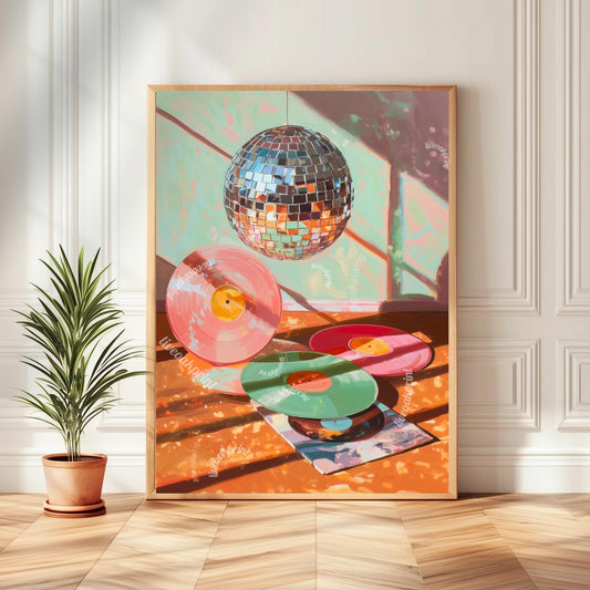 Disco Ball and Records Wall Art – Colorful Vinyl Record Print Retro Music Decor Maximalist Dopamine Decor for Living Room or Music Room