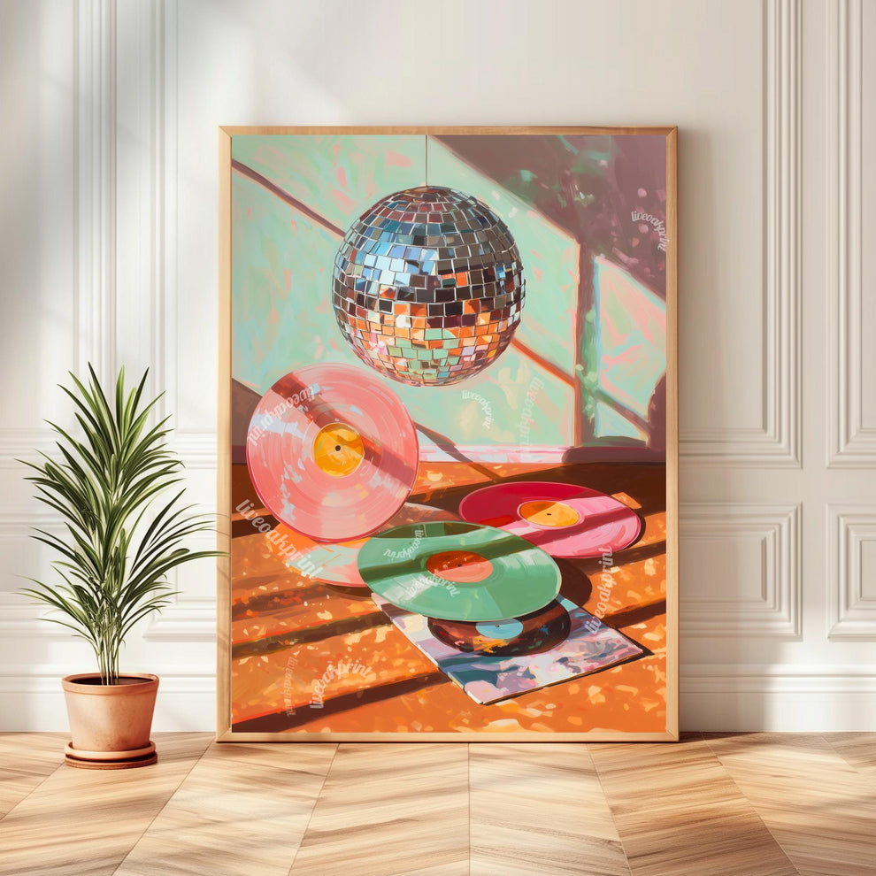 Disco Ball and Records Wall Art – Colorful Vinyl Record Print Retro Music Decor Maximalist Dopamine Decor for Living Room or Music Room