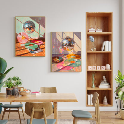 Disco Ball and Records Wall Art – Colorful Vinyl Record Print Retro Music Decor Maximalist Dopamine Decor for Living Room or Music Room
