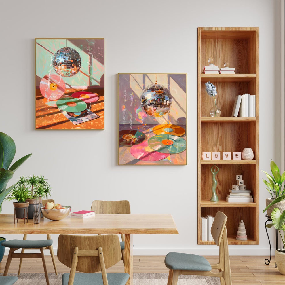 Disco Ball and Records Wall Art – Colorful Vinyl Record Print Retro Music Decor Maximalist Dopamine Decor for Living Room or Music Room