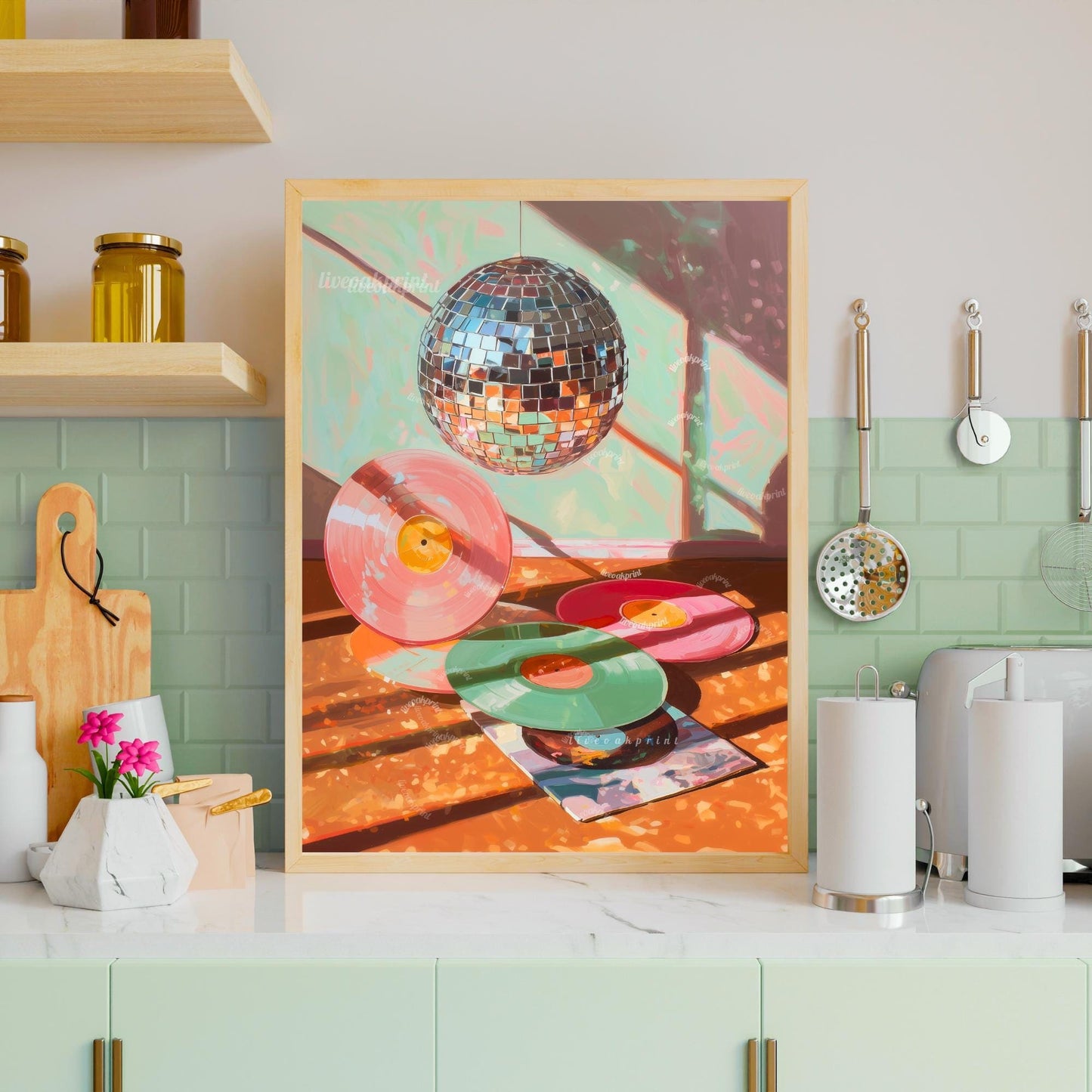 Disco Ball and Records Wall Art – Colorful Vinyl Record Print Retro Music Decor Maximalist Dopamine Decor for Living Room or Music Room