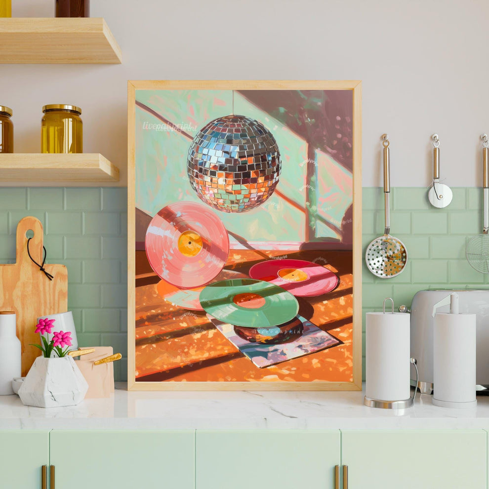 Disco Ball and Records Wall Art – Colorful Vinyl Record Print Retro Music Decor Maximalist Dopamine Decor for Living Room or Music Room