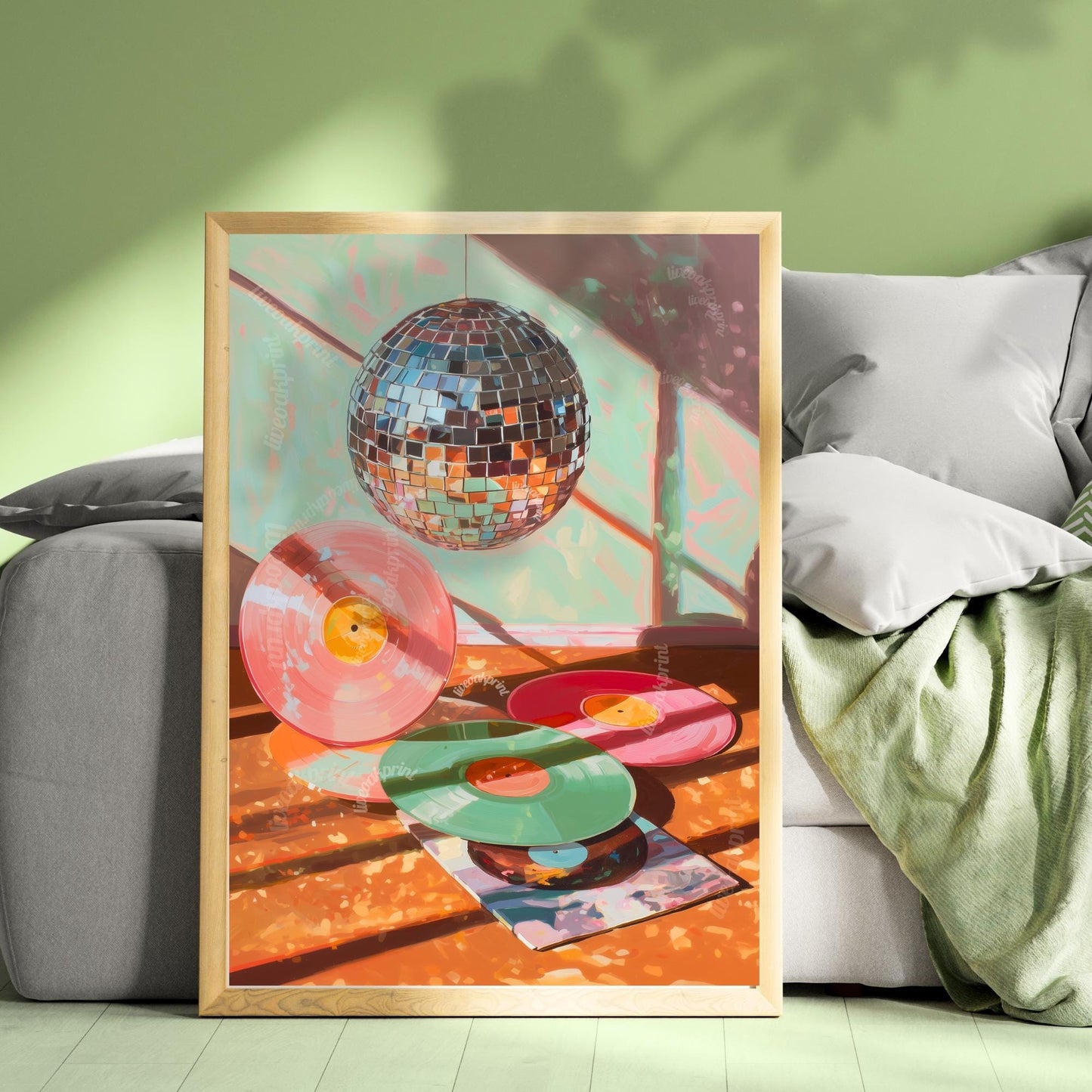 Disco Ball and Records Wall Art – Colorful Vinyl Record Print Retro Music Decor Maximalist Dopamine Decor for Living Room or Music Room