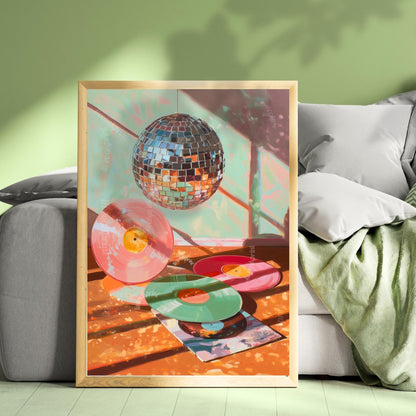Disco Ball and Records Wall Art – Colorful Vinyl Record Print Retro Music Decor Maximalist Dopamine Decor for Living Room or Music Room