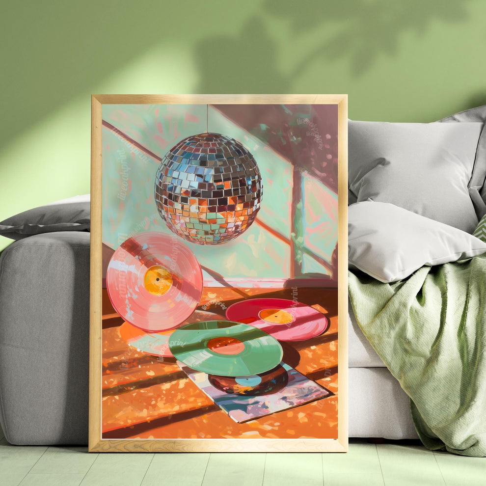 Disco Ball and Records Wall Art – Colorful Vinyl Record Print Retro Music Decor Maximalist Dopamine Decor for Living Room or Music Room