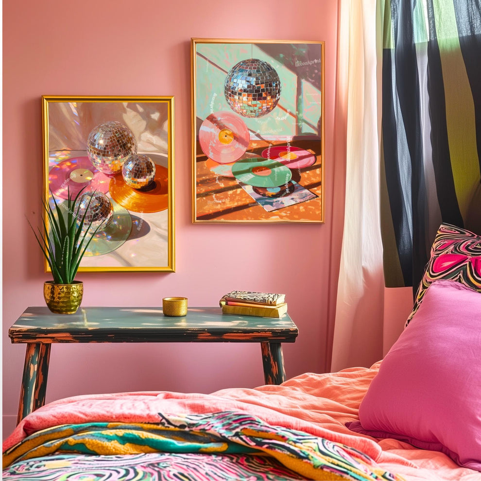 Disco Ball and Records Wall Art – Colorful Vinyl Record Print Retro Music Decor Maximalist Dopamine Decor for Living Room or Music Room