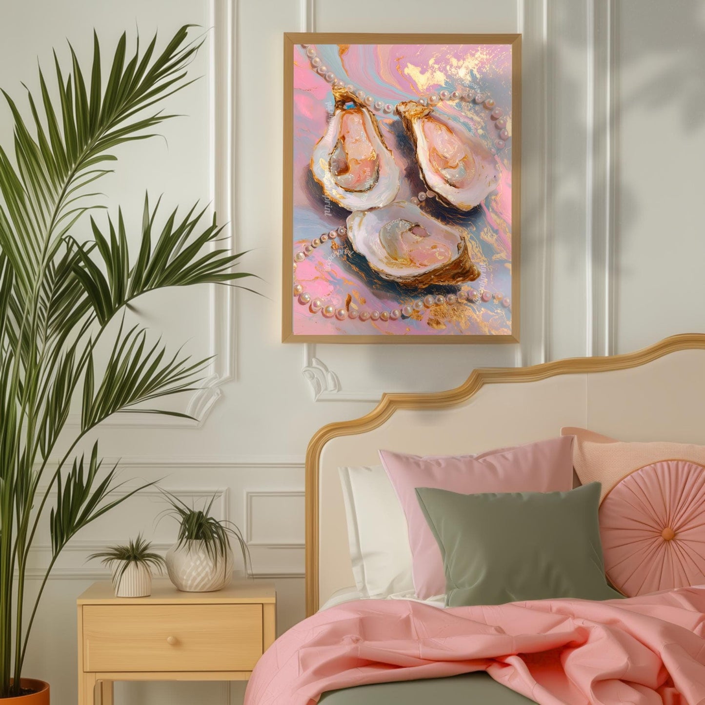Glam Oysters and Pearls Art Print – Pink Coastal Wall Art Luxe Ocean Decor Dopamine Decor Surreal Maximalist Print for Bathroom or Vanity