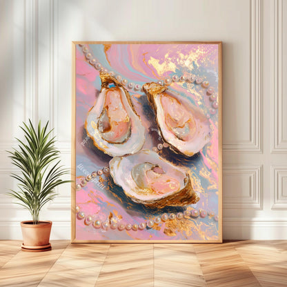 Glam Oysters and Pearls Art Print – Pink Coastal Wall Art Luxe Ocean Decor Dopamine Decor Surreal Maximalist Print for Bathroom or Vanity