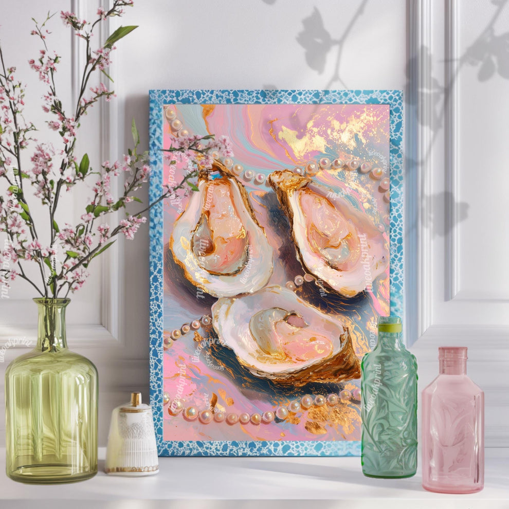 Glam Oysters and Pearls Art Print – Pink Coastal Wall Art Luxe Ocean Decor Dopamine Decor Surreal Maximalist Print for Bathroom or Vanity