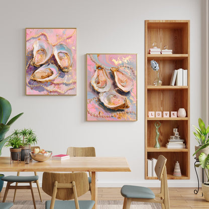 Glam Oysters and Pearls Art Print – Pink Coastal Wall Art Luxe Ocean Decor Dopamine Decor Surreal Maximalist Print for Bathroom or Vanity