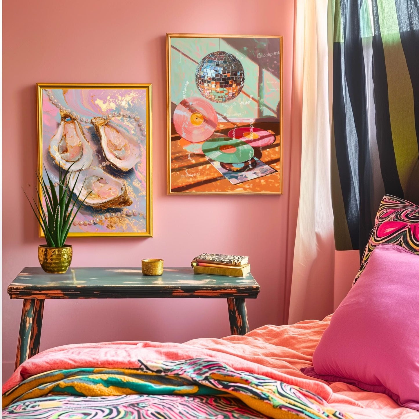 Glam Oysters and Pearls Art Print – Pink Coastal Wall Art Luxe Ocean Decor Dopamine Decor Surreal Maximalist Print for Bathroom or Vanity