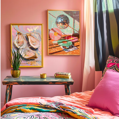 Glam Oysters and Pearls Art Print – Pink Coastal Wall Art Luxe Ocean Decor Dopamine Decor Surreal Maximalist Print for Bathroom or Vanity