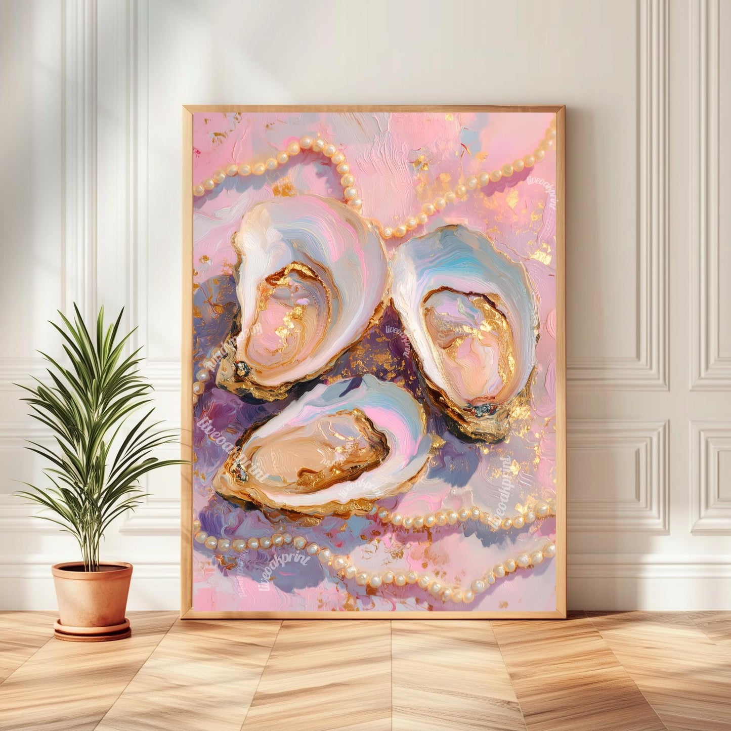 Pastel Oysters and Pearls Art Print – Pink Coastal Wall Art Glam Vanity Decor Feminine Dopamine Decor Ocean-Inspired Maximalist Wall Art