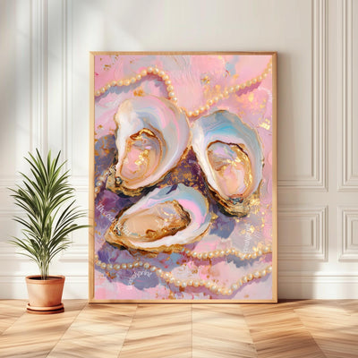 Pastel Oysters and Pearls Art Print – Pink Coastal Wall Art Glam Vanity Decor Feminine Dopamine Decor Ocean-Inspired Maximalist Wall Art