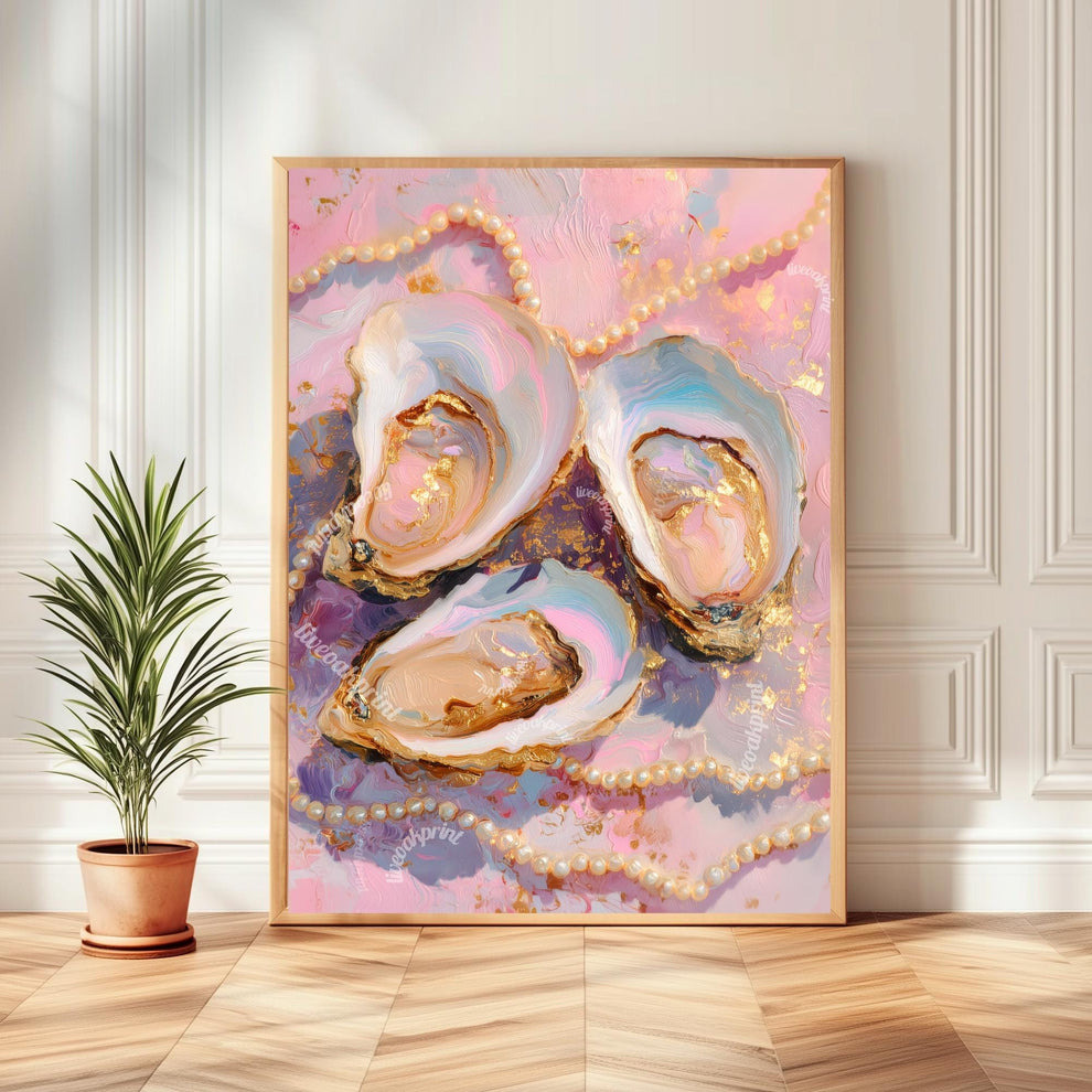 Pastel Oysters and Pearls Art Print – Pink Coastal Wall Art Glam Vanity Decor Feminine Dopamine Decor Ocean-Inspired Maximalist Wall Art