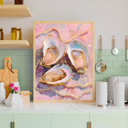 Pastel Oysters and Pearls Art Print – Pink Coastal Wall Art Glam Vanity Decor Feminine Dopamine Decor Ocean-Inspired Maximalist Wall Art