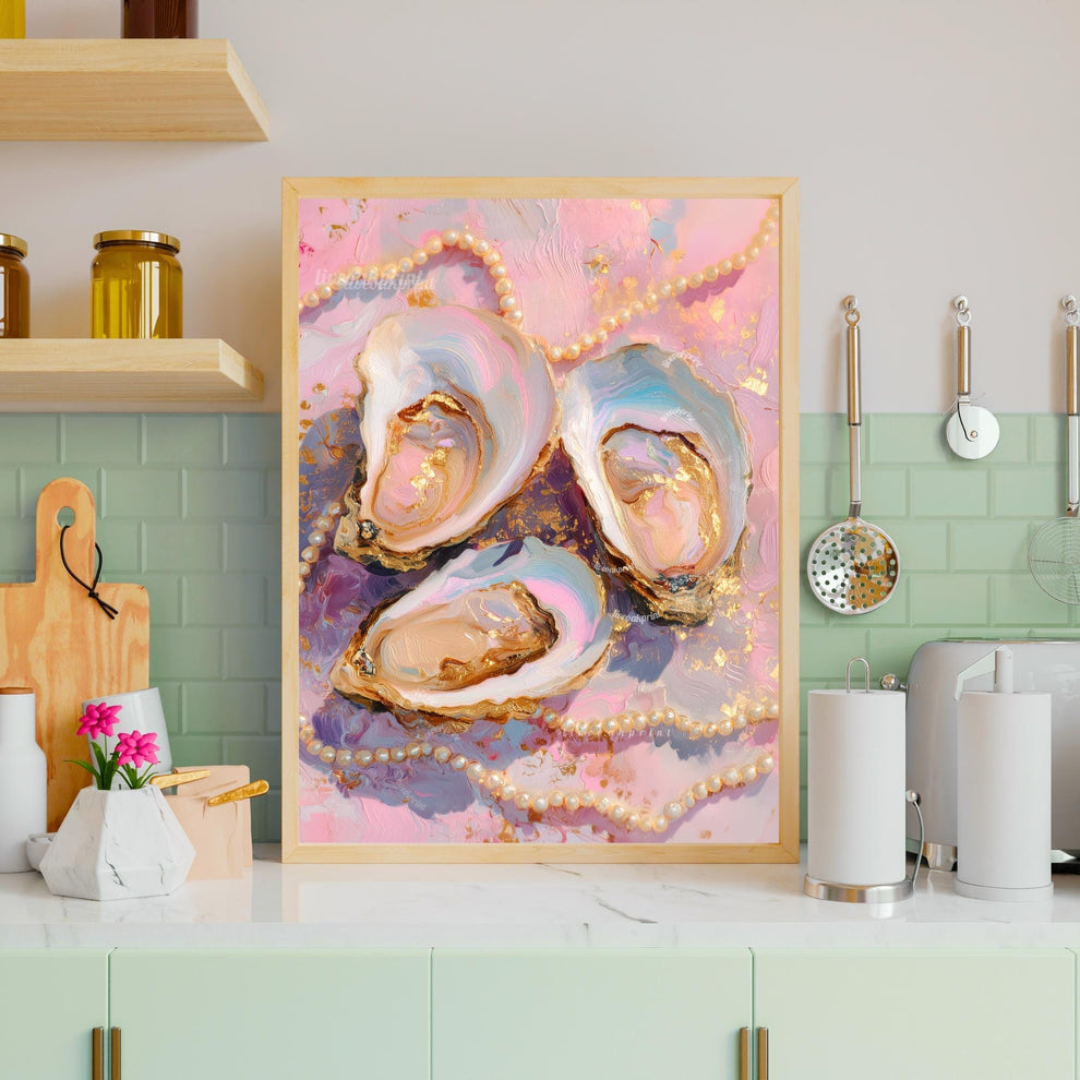 Pastel Oysters and Pearls Art Print – Pink Coastal Wall Art Glam Vanity Decor Feminine Dopamine Decor Ocean-Inspired Maximalist Wall Art