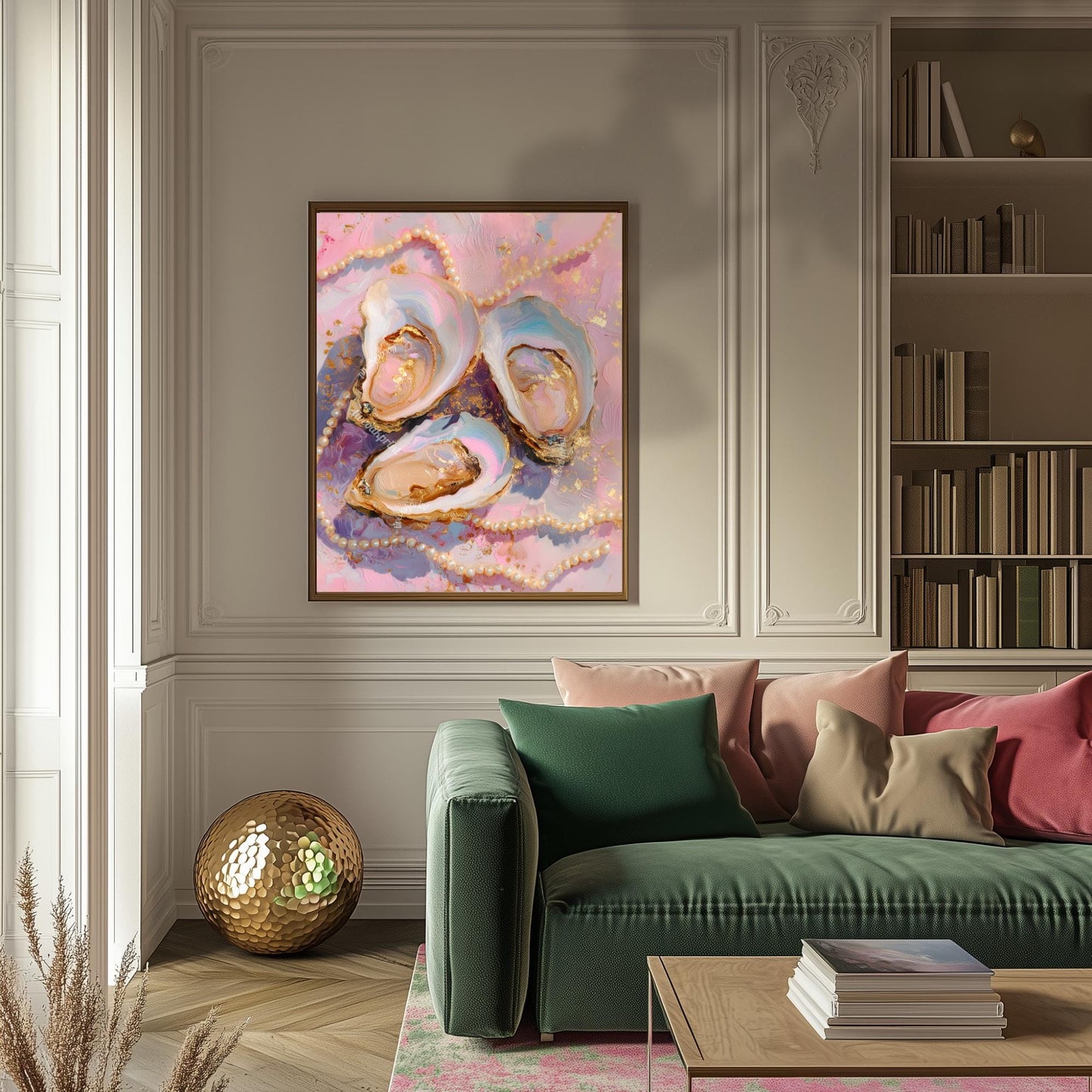 Pastel Oysters and Pearls Art Print – Pink Coastal Wall Art Glam Vanity Decor Feminine Dopamine Decor Ocean-Inspired Maximalist Wall Art