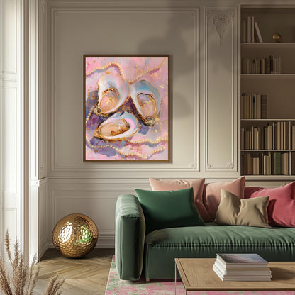 Pastel Oysters and Pearls Art Print – Pink Coastal Wall Art Glam Vanity Decor Feminine Dopamine Decor Ocean-Inspired Maximalist Wall Art