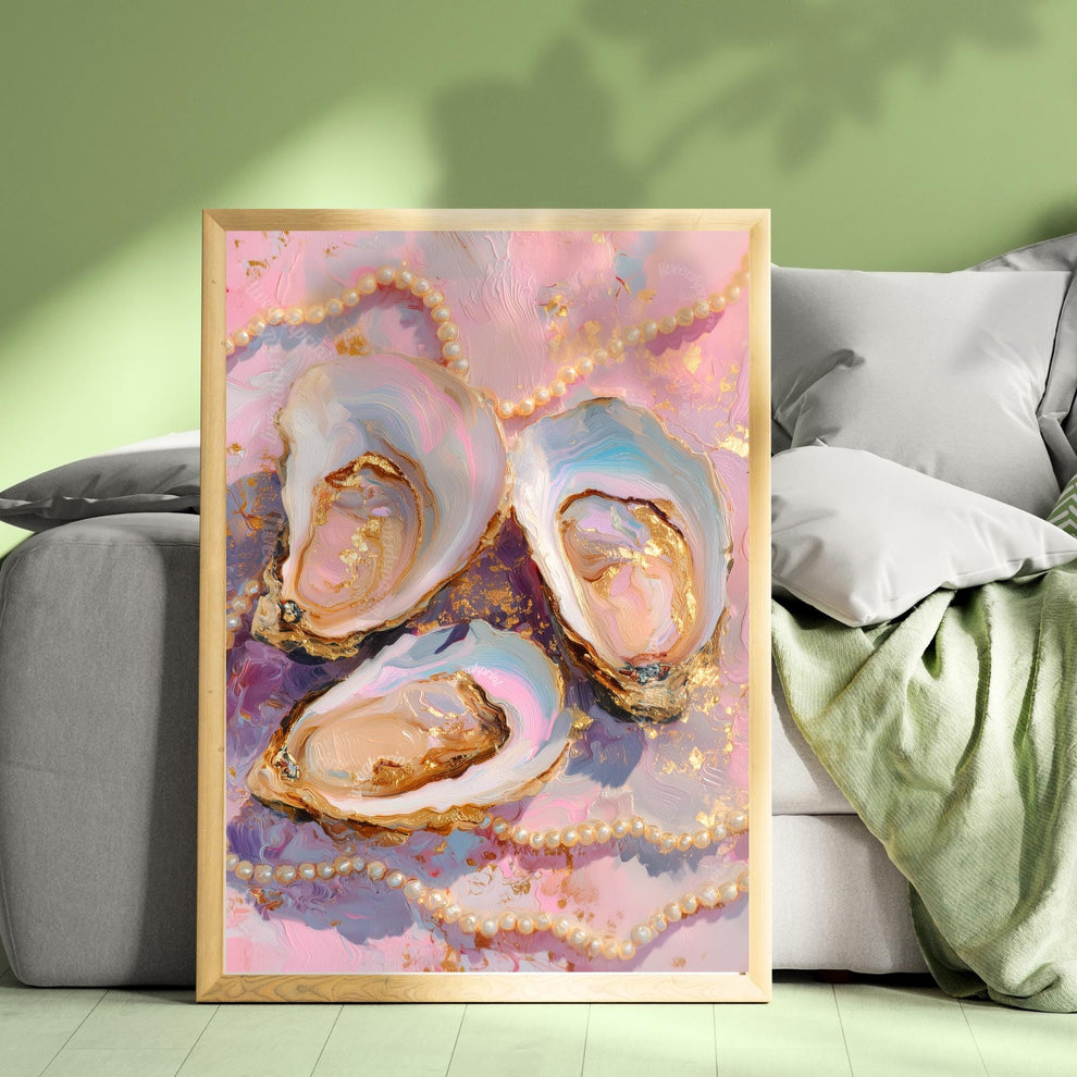 Pastel Oysters and Pearls Art Print – Pink Coastal Wall Art Glam Vanity Decor Feminine Dopamine Decor Ocean-Inspired Maximalist Wall Art