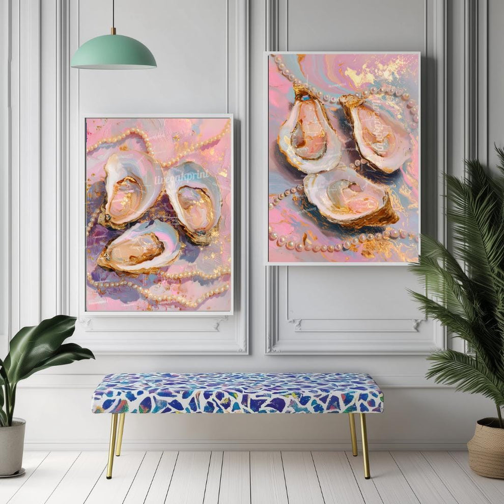 Set of 2 Oyster and Pearl Art Prints – Coastal Glam Wall Art Pink Maximalist Decor Feminine Vanity Wall Decor Ocean-Inspired Dopamine Decor