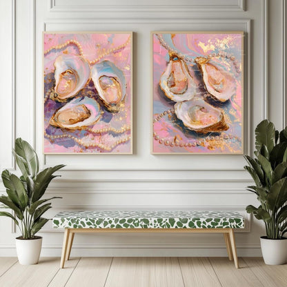 Set of 2 Oyster and Pearl Art Prints – Coastal Glam Wall Art Pink Maximalist Decor Feminine Vanity Wall Decor Ocean-Inspired Dopamine Decor