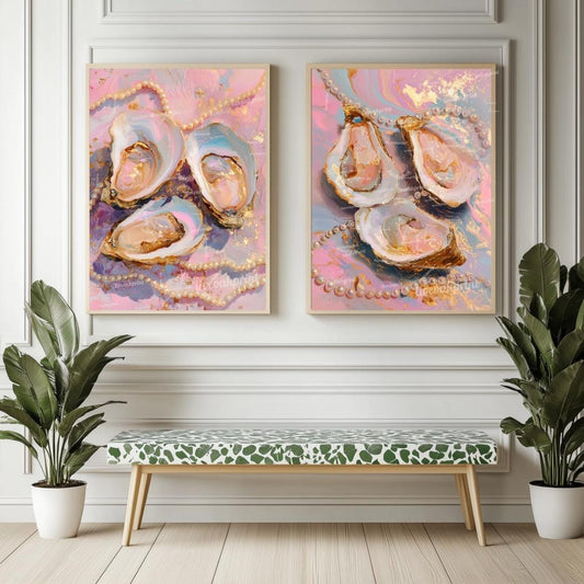 Set of 2 Oyster and Pearl Art Prints – Coastal Glam Wall Art Pink Maximalist Decor Feminine Vanity Wall Decor Ocean-Inspired Dopamine Decor