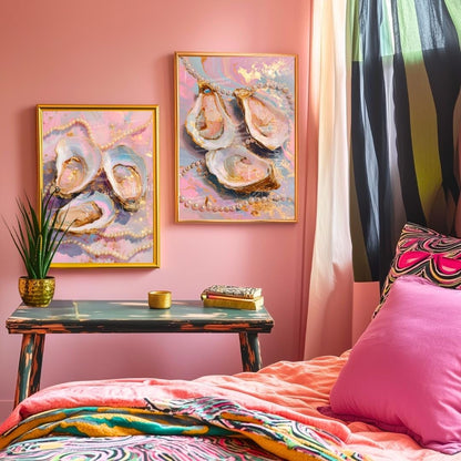 Set of 2 Oyster and Pearl Art Prints – Coastal Glam Wall Art Pink Maximalist Decor Feminine Vanity Wall Decor Ocean-Inspired Dopamine Decor