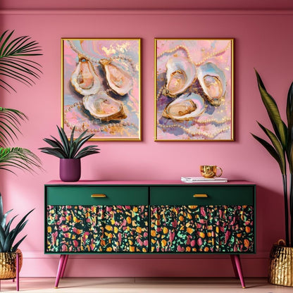 Set of 2 Oyster and Pearl Art Prints – Coastal Glam Wall Art Pink Maximalist Decor Feminine Vanity Wall Decor Ocean-Inspired Dopamine Decor