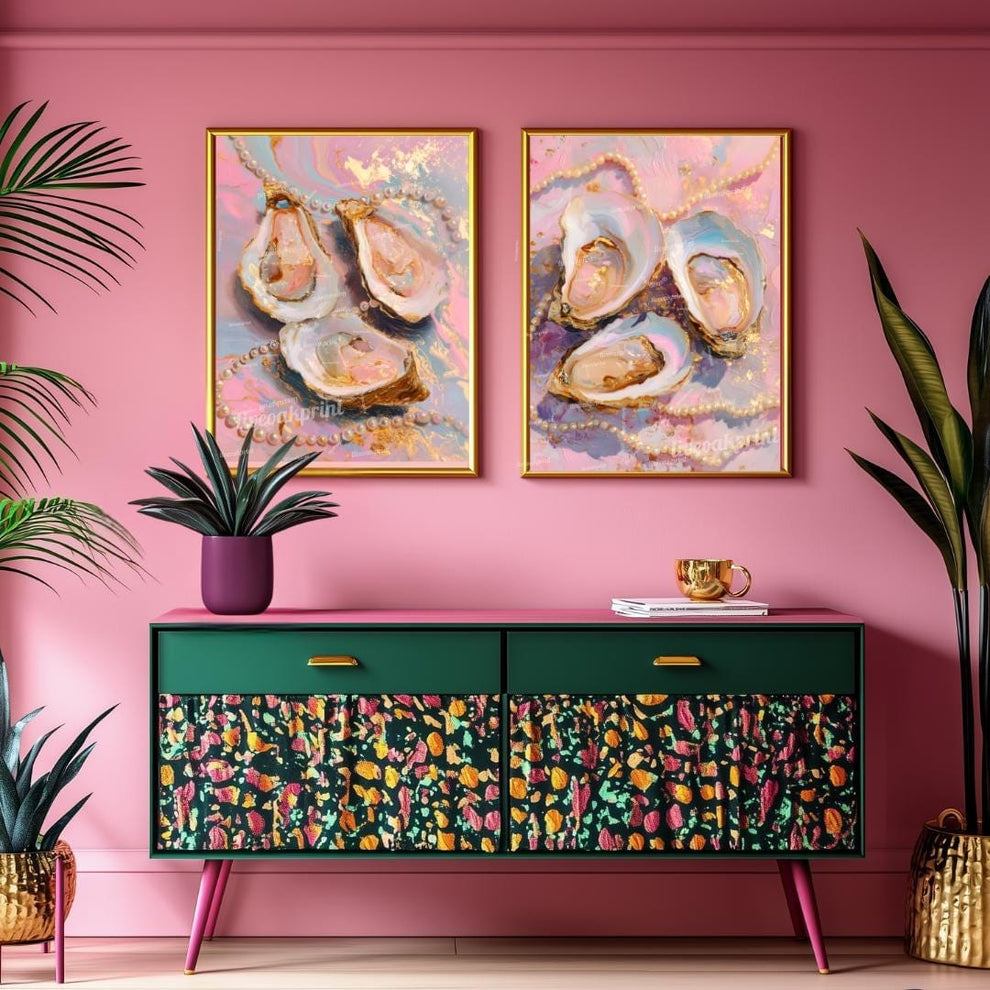 Set of 2 Oyster and Pearl Art Prints – Coastal Glam Wall Art Pink Maximalist Decor Feminine Vanity Wall Decor Ocean-Inspired Dopamine Decor