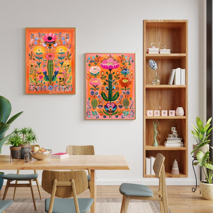Set of Two Vibrant Mexican Cactus Wall Art – Folk-Style Desert Print Colorful Pink & Orange Maximalist Décor for Southwestern or Boho Homes