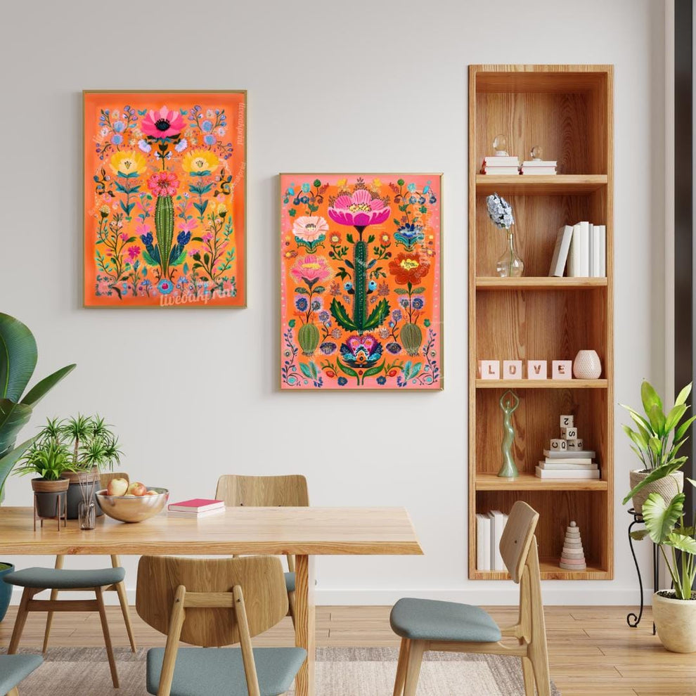 Set of Two Vibrant Mexican Cactus Wall Art – Folk-Style Desert Print Colorful Pink & Orange Maximalist Décor for Southwestern or Boho Homes