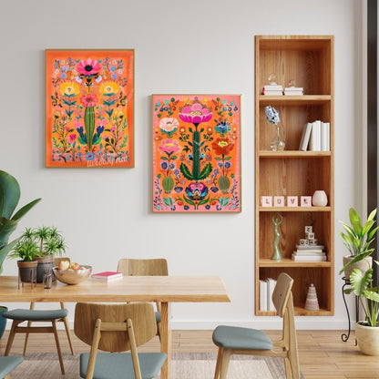 Set of Two Vibrant Mexican Cactus Wall Art – Folk-Style Desert Print Colorful Pink & Orange Maximalist Décor for Southwestern or Boho Homes