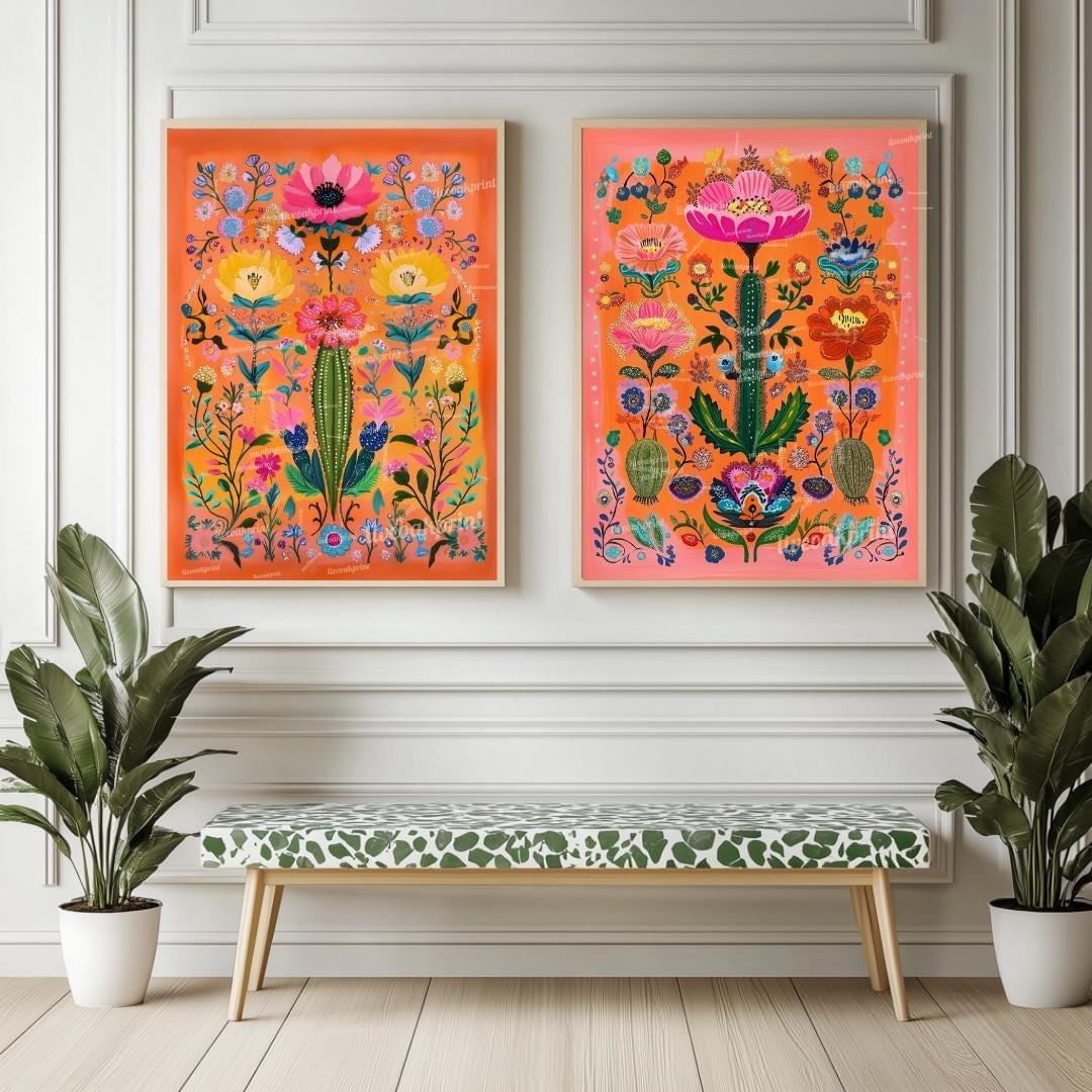 Set of Two Vibrant Mexican Cactus Wall Art – Folk-Style Desert Print Colorful Pink & Orange Maximalist Décor for Southwestern or Boho Homes