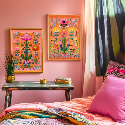 Set of Two Vibrant Mexican Cactus Wall Art – Folk-Style Desert Print Colorful Pink & Orange Maximalist Décor for Southwestern or Boho Homes