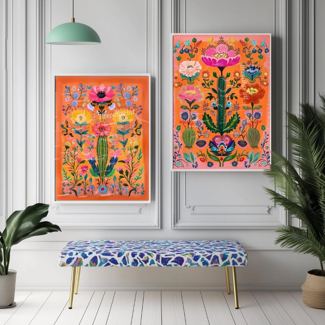 Set of Two Vibrant Mexican Cactus Wall Art – Folk-Style Desert Print Colorful Pink & Orange Maximalist Décor for Southwestern or Boho Homes