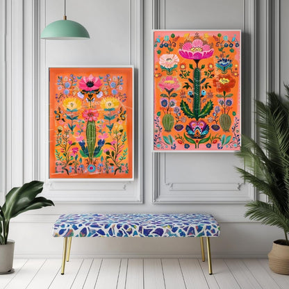 Set of Two Vibrant Mexican Cactus Wall Art – Folk-Style Desert Print Colorful Pink & Orange Maximalist Décor for Southwestern or Boho Homes