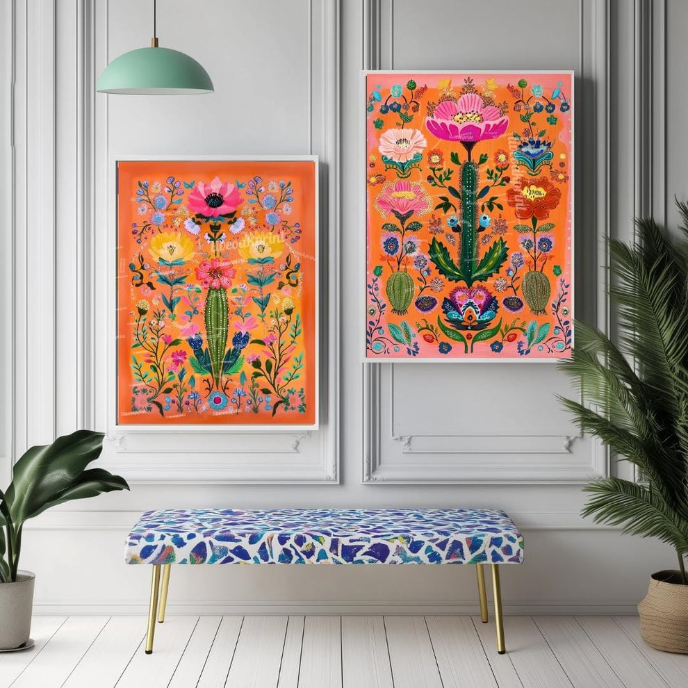 Set of Two Vibrant Mexican Cactus Wall Art – Folk-Style Desert Print Colorful Pink & Orange Maximalist Décor for Southwestern or Boho Homes