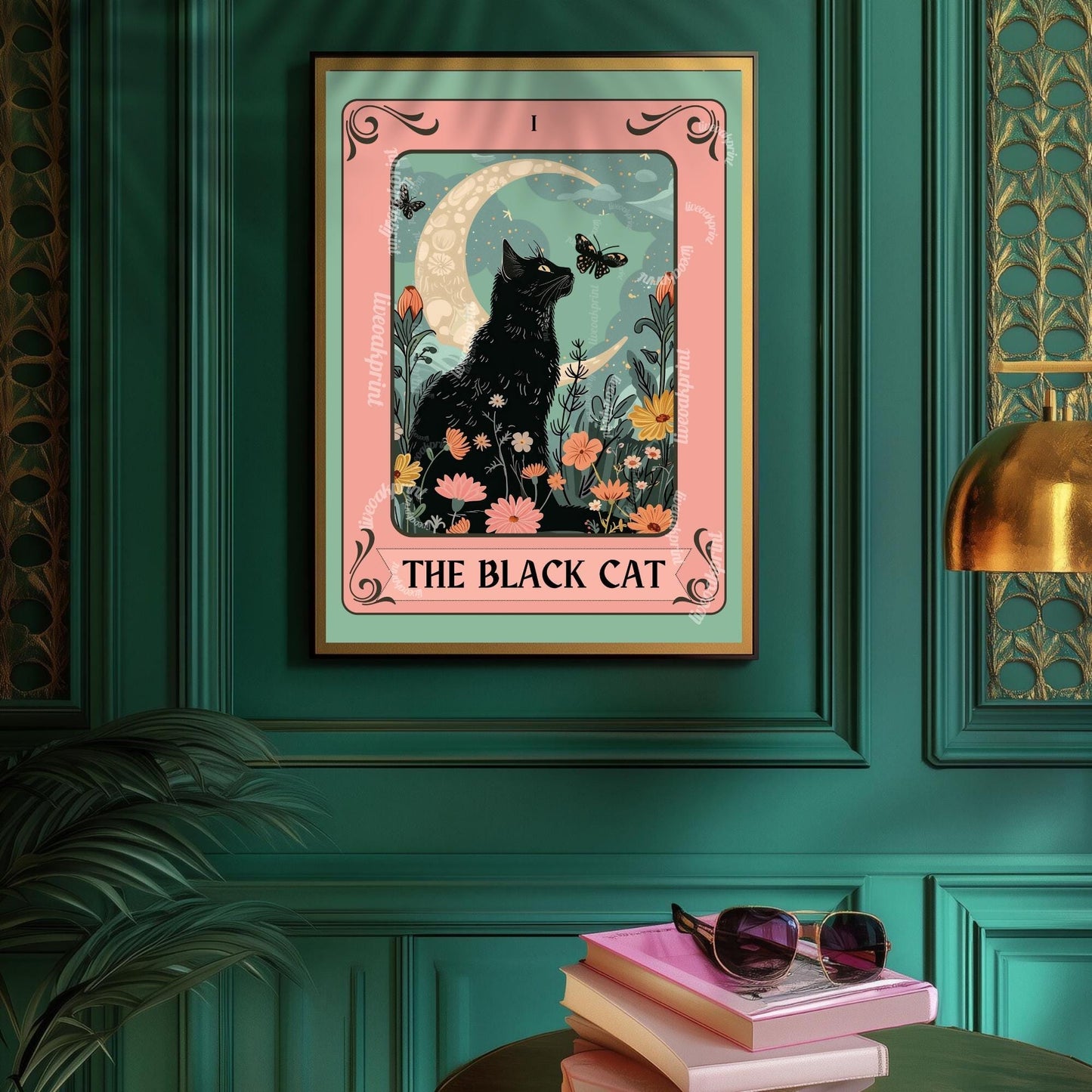 Black Cat Tarot Art Print – Witchy Cat Wall Art Botanical Cat Decor Mystical Cat Lover Gift Boho Tarot Poster Living Room Cat Decor