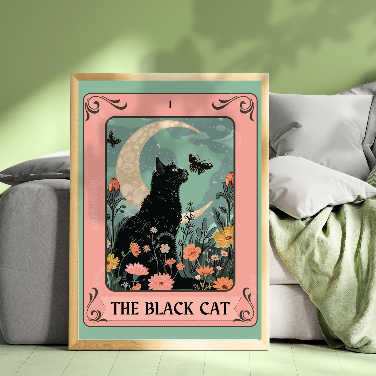 Black Cat Tarot Art Print – Witchy Cat Wall Art Botanical Cat Decor Mystical Cat Lover Gift Boho Tarot Poster Living Room Cat Decor