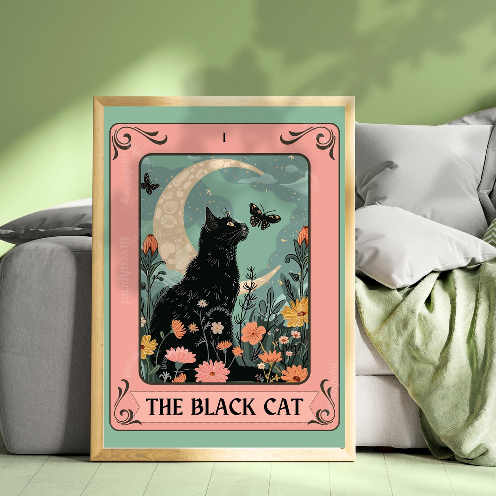 Black Cat Tarot Art Print – Witchy Cat Wall Art Botanical Cat Decor Mystical Cat Lover Gift Boho Tarot Poster Living Room Cat Decor